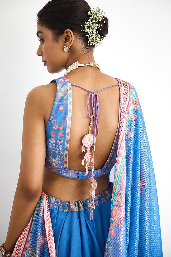 Blue Chanderi Printed Wedding Lehenga Set by Shasha Gaba at Pernia's Pop Up Shop