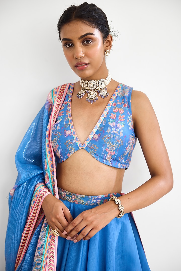 Blue Chanderi Printed Wedding Lehenga Set by Shasha Gaba at Pernia's Pop Up Shop
