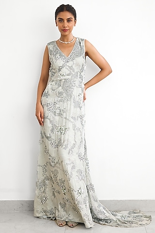 Green Crepe Gown by Shasha Gaba