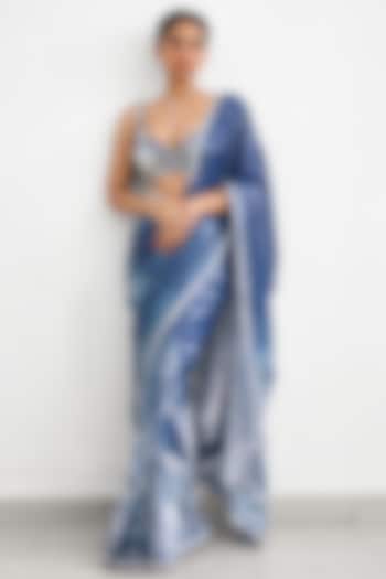 Blue Sequins Wedding Saree Set by Shasha Gaba at Pernia's Pop Up Shop