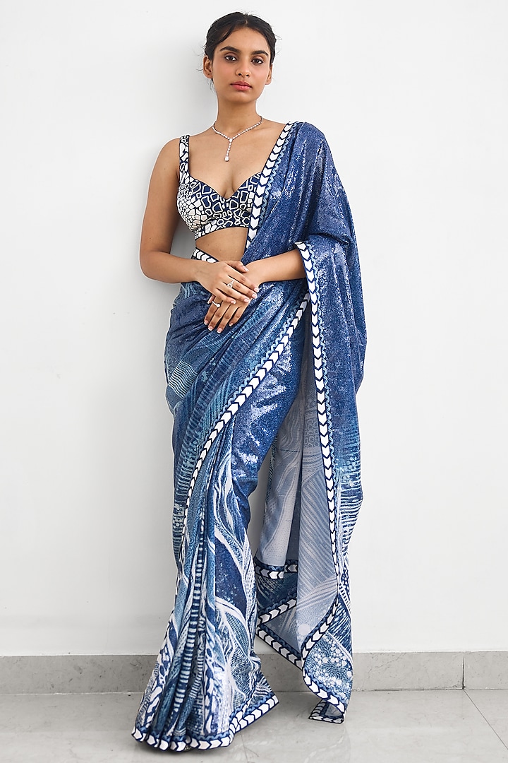 Blue Sequins Wedding Saree Set by Shasha Gaba at Pernia's Pop Up Shop