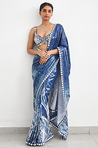 Blue Sequins Saree Set by Shasha Gaba