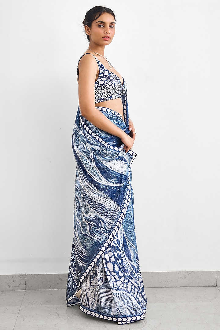 Blue Sequins Wedding Saree Set by Shasha Gaba at Pernia's Pop Up Shop
