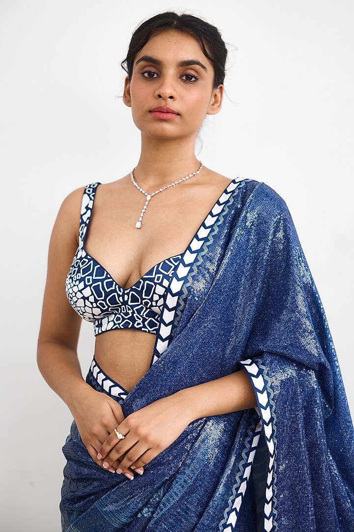 Blue Sequins Wedding Saree Set by Shasha Gaba at Pernia's Pop Up Shop