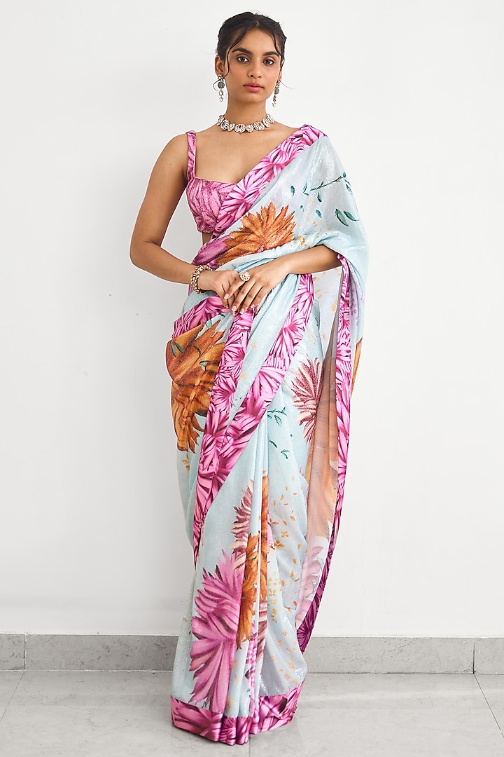 Blue & Pink Sequins Wedding Saree Set by Shasha Gaba at Pernia's Pop Up Shop