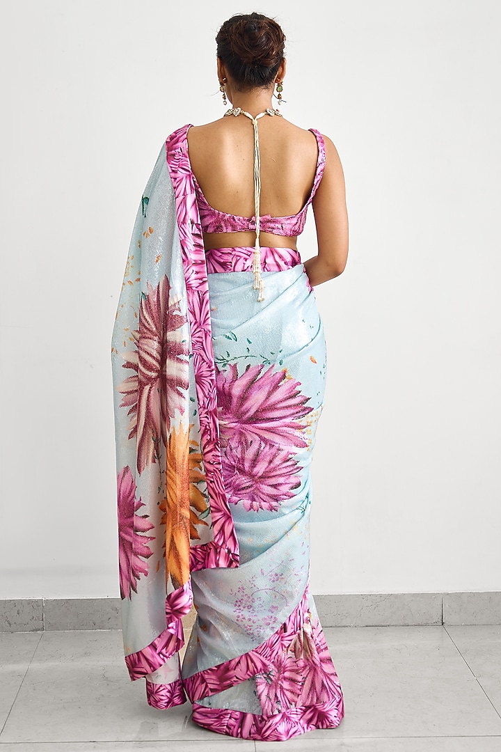 Blue & Pink Sequins Wedding Saree Set by Shasha Gaba at Pernia's Pop Up Shop