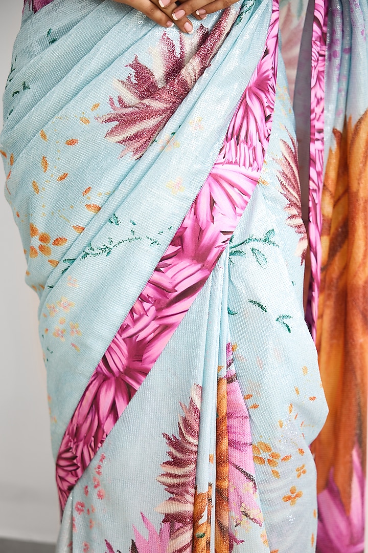 Blue & Pink Sequins Wedding Saree Set by Shasha Gaba at Pernia's Pop Up Shop