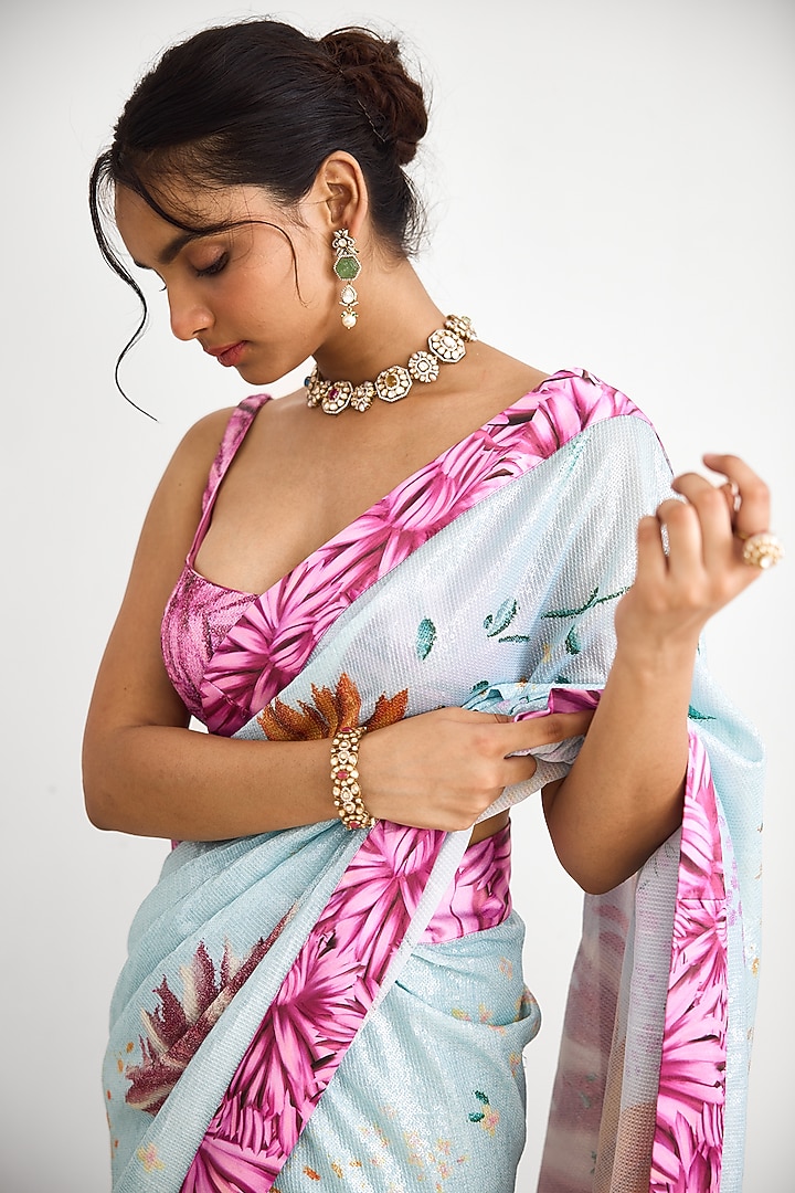 Blue & Pink Sequins Wedding Saree Set by Shasha Gaba at Pernia's Pop Up Shop