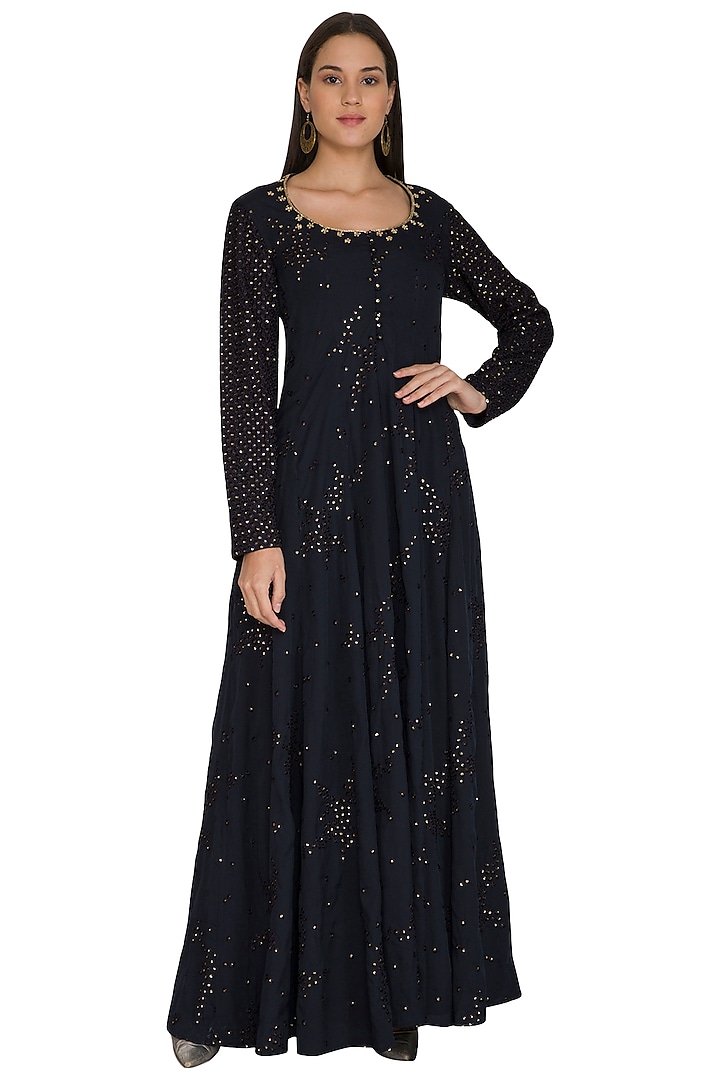 Midnight Blue Resham & Sequins Embroidered Dress by Shasha Gaba