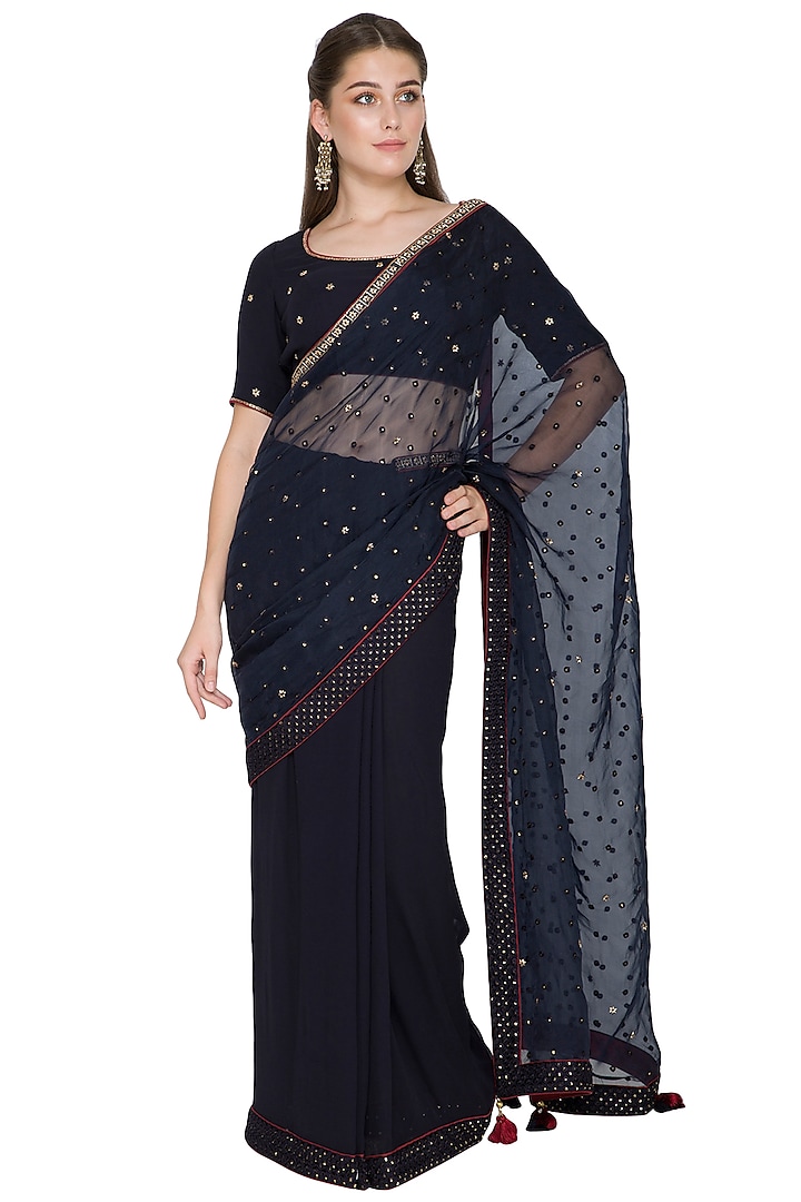 Indigo Georgette & Silk Organza Resham Embroidered Saree Set by Shasha Gaba