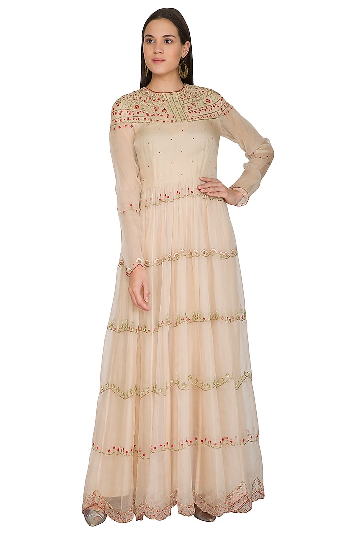 Pink Embroidered Kalidar Dress by Shasha Gaba