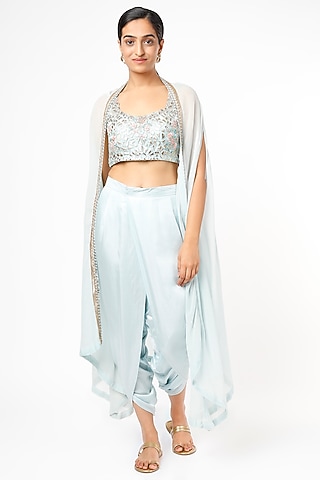Powder Blue Pearl Satin Jacket Set by Shagun Nagi