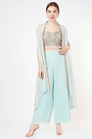Powder Blue Embroidered Cape Jacket Set by Shagun Nagi