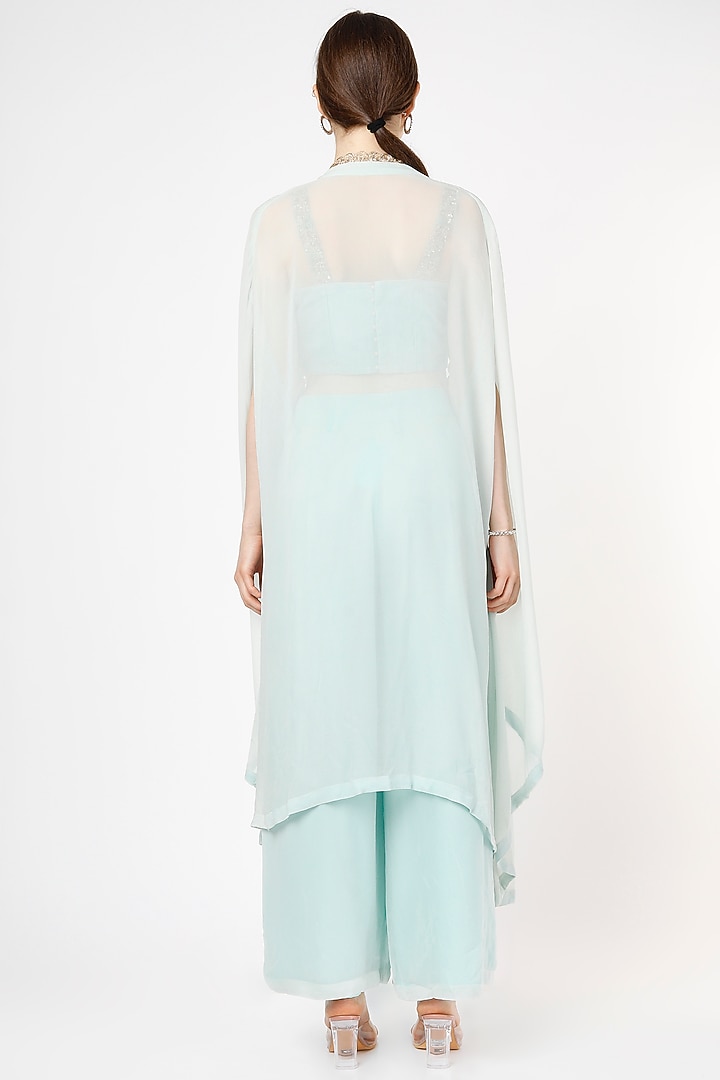 Powder Blue Embroidered Cape Jacket Set by Shagun Nagi at Pernia's Pop Up Shop