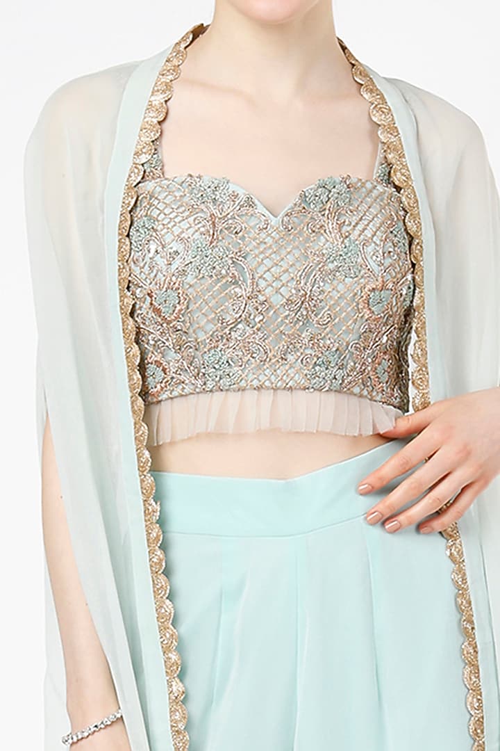 Powder Blue Embroidered Cape Jacket Set by Shagun Nagi at Pernia's Pop Up Shop