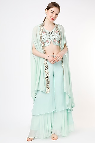 Powder Blue Mirror Scalloped Cape Jacket Set by Shagun Nagi