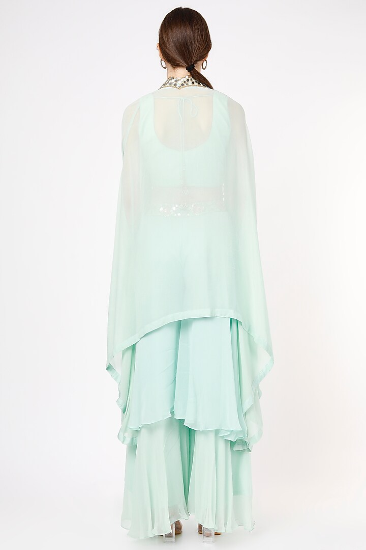 Powder Blue Mirror Scalloped Cape Jacket Set by Shagun Nagi at Pernia's Pop Up Shop