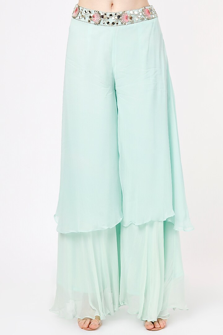 Powder Blue Mirror Scalloped Cape Jacket Set by Shagun Nagi at Pernia's Pop Up Shop