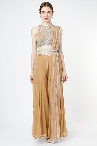 Beige Georgette Sharara Set by Shagun Nagi