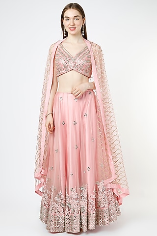 Blush Pink Net Lehenga Set by Shagun Nagi