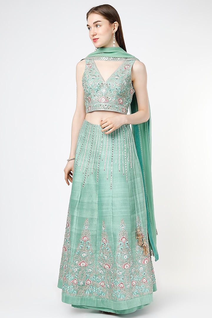 Sage Green Dori Embroidered Lehenga Set by Shagun Nagi