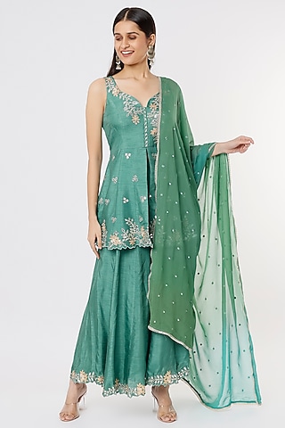 French Blue Embroidered Sharara Set by Shagun Nagi