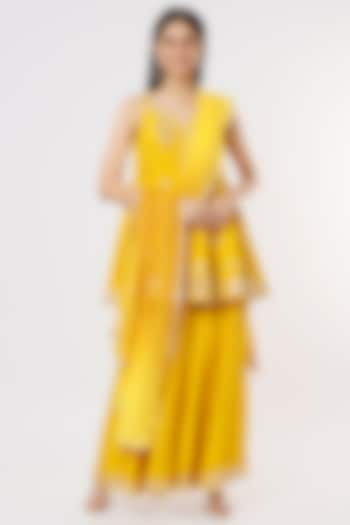 Yellow Embroidered Sharara Set by Shagun Nagi