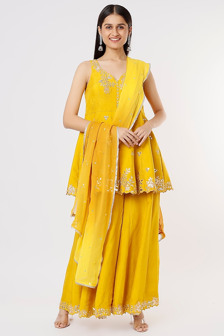 Yellow Embroidered Sharara Set by Shagun Nagi