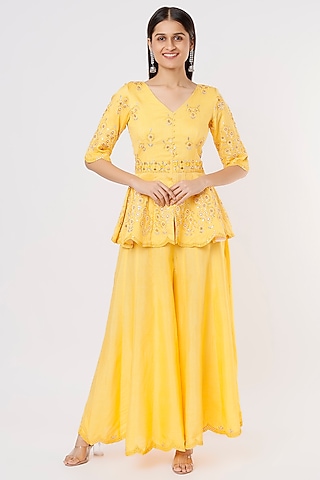 Yellow Dupion Sharara Set by Shagun Nagi