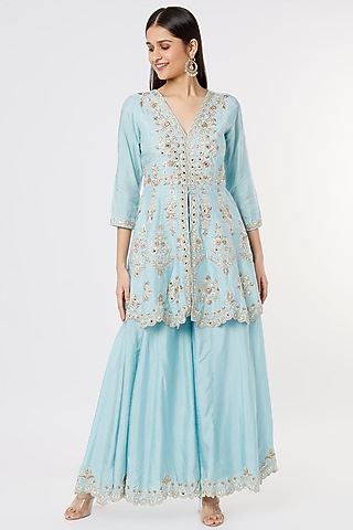 Powder Blue Hand Embroidered Sharara Set by Shagun Nagi