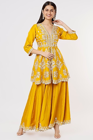 Yellow Hand Embroidered Sharara Set by Shagun Nagi