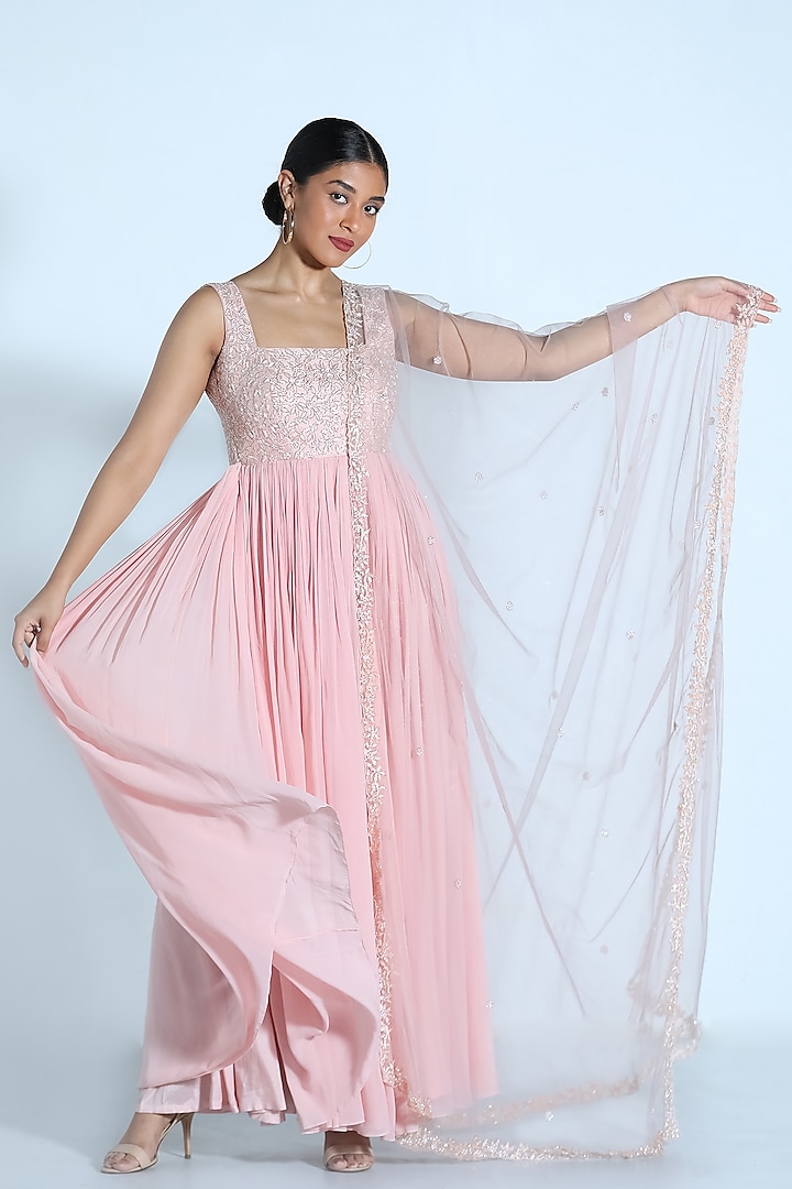 Blush Pink Embroidered Anarkali Set by Shahmeen Husain