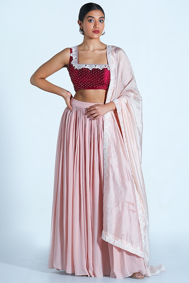 Blush Pink & Wine Embroidered Lehenga Set by Shahmeen Husain