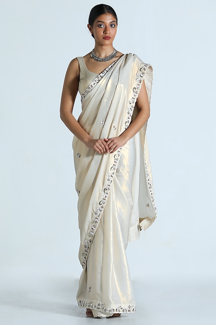 White Embroidered Saree Set by Shahmeen Husain