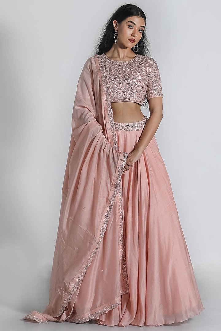 Blush Pink Thread Embroidered Lehenga Set by Shahmeen Husain