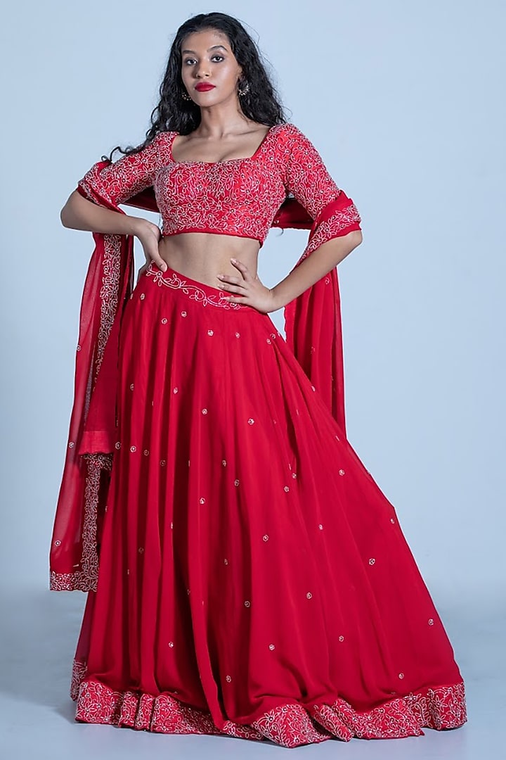 Red Embroidered Skirt Set by Shahmeen Husain