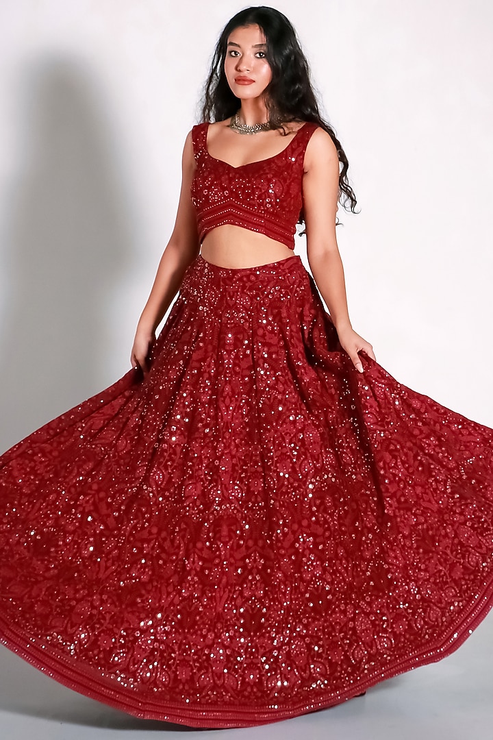 Red & Blush Pink Embroidered Lehenga Set by Shahmeen Husain