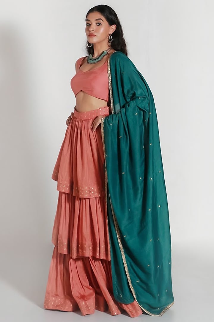 Coral & Green Embroidered Lehenga Set by Shahmeen Husain