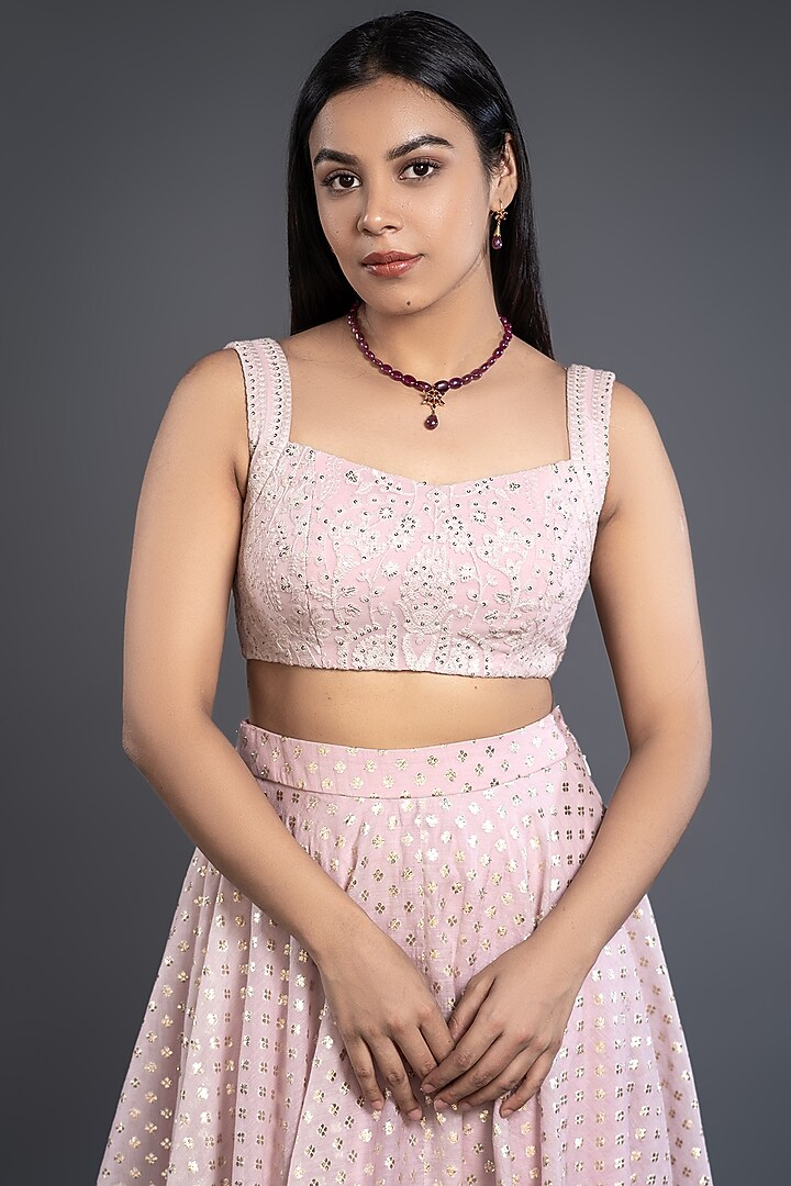 Powder Pink Foil Printed Lehenga Set by Shahmeen Husain at Pernia's Pop Up Shop