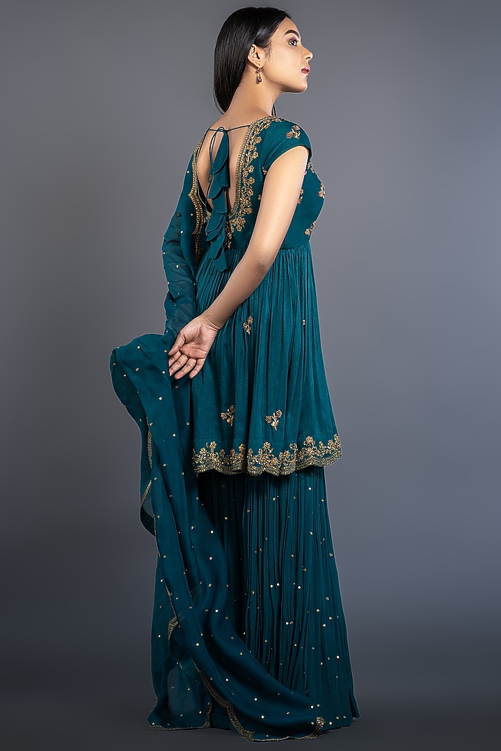 Bottle Green Dupion Silk Wedding Sharara Set by Shahmeen Husain at Pernia's Pop Up Shop