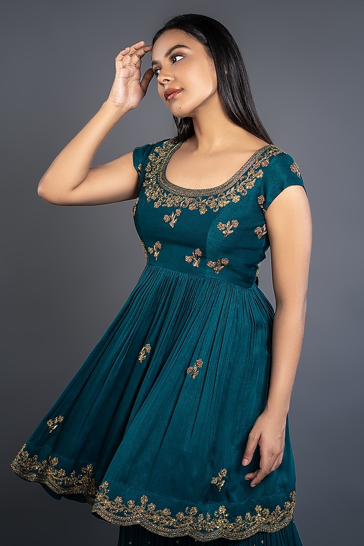 Bottle Green Dupion Silk Wedding Sharara Set by Shahmeen Husain at Pernia's Pop Up Shop