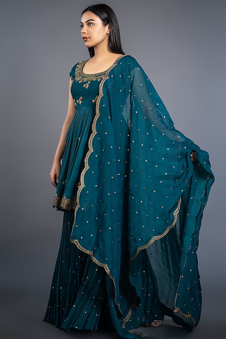 Bottle Green Dupion Silk Wedding Sharara Set by Shahmeen Husain at Pernia's Pop Up Shop
