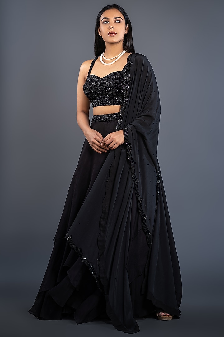 Black Hand Embroidered Lehenga Set by Shahmeen Husain