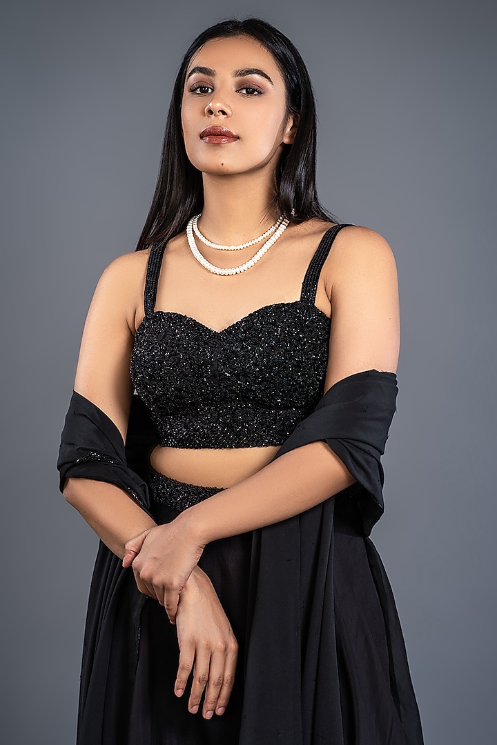 Black Hand Embroidered Wedding Lehenga Set by Shahmeen Husain at Pernia's Pop Up Shop