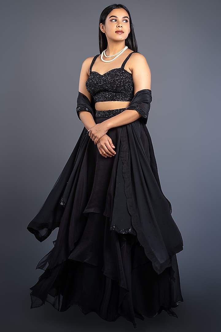 Black Hand Embroidered Wedding Lehenga Set by Shahmeen Husain at Pernia's Pop Up Shop