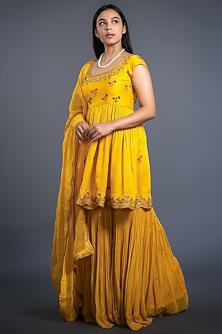 Mustard Cotton Silk Sharara Set by Shahmeen Husain