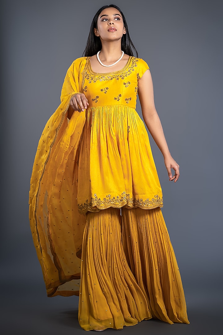 Mustard Cotton Silk Wedding Sharara Set by Shahmeen Husain at Pernia's Pop Up Shop