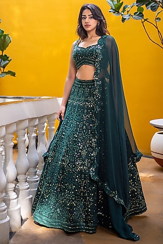 Bottle Green Georgette & Chikankari Embroidered Lehenga Set by Shahmeen Husain