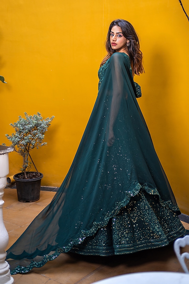 Bottle Green Georgette & Chikankari Embroidered Wedding Lehenga Set by Shahmeen Husain at Pernia's Pop Up Shop