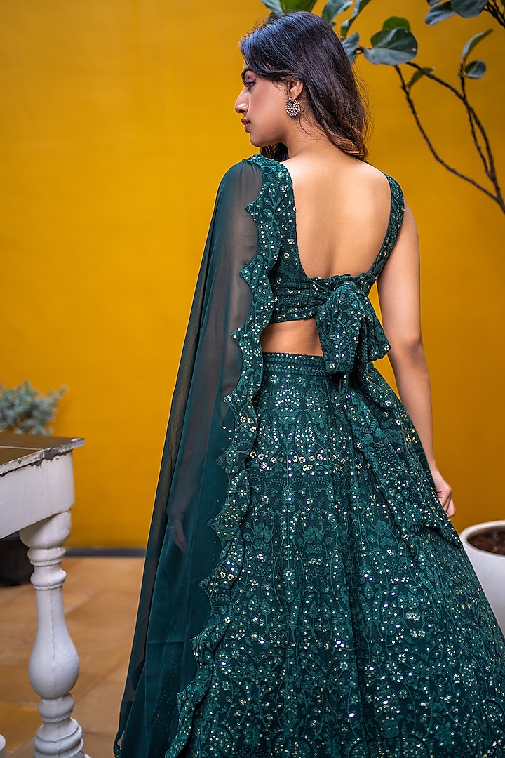 Bottle Green Georgette & Chikankari Embroidered Lehenga Set Design by ...